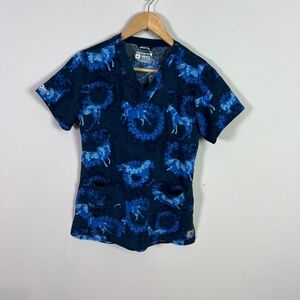 Carhartt Women’s Blue Horse V Neckline Scrub Top Shirt Size X Small